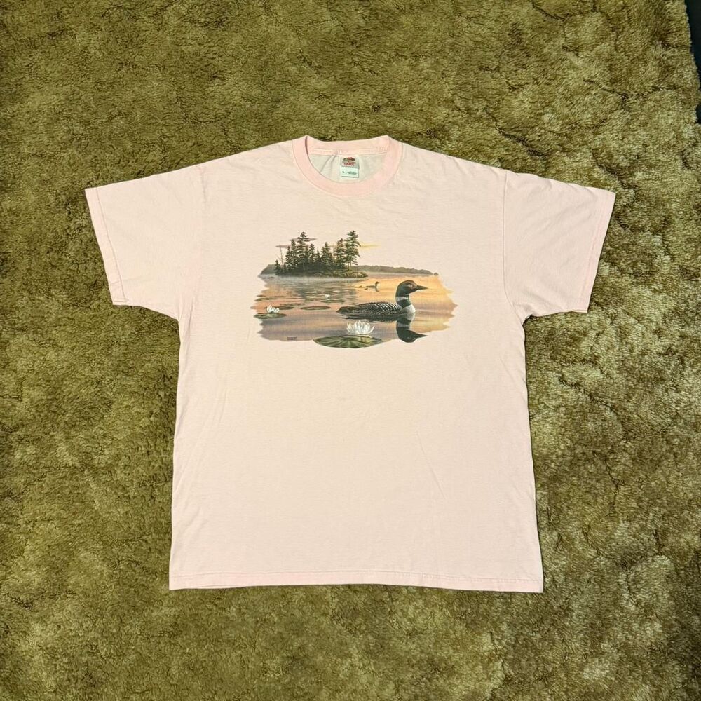 Vintage 90s Loon Bird Nature Lake Scenic Graphic Tee Pink Pastel XLarge